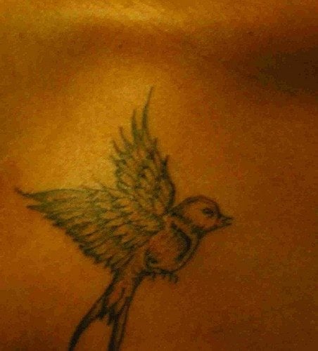 Tatuaje con aspecto de dibujo a mano alzada de una golondrina en pleno vuelo.