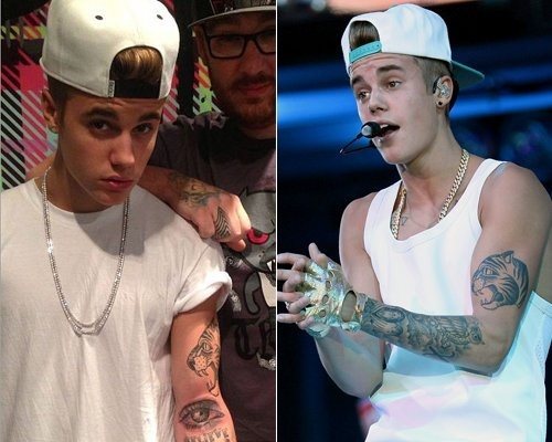 Justin Bieber es uno de los ltimos artistas que se ha subido al carro de los tatuajes y podemos ver en las imgenes que lleva tatuado un ojo, la cabeza de un tigre