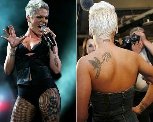 La cantante Pink que vemos en la imagen es famosa pro su msica y tambin por sus tatuajes, los cuales evocan un muno rokero y se ajustan a su personalidad